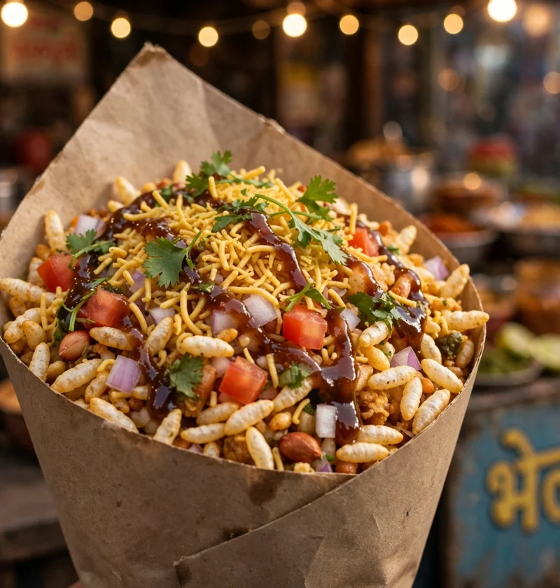 Bhel puri – crunchy puffed rice chaat in paper cone