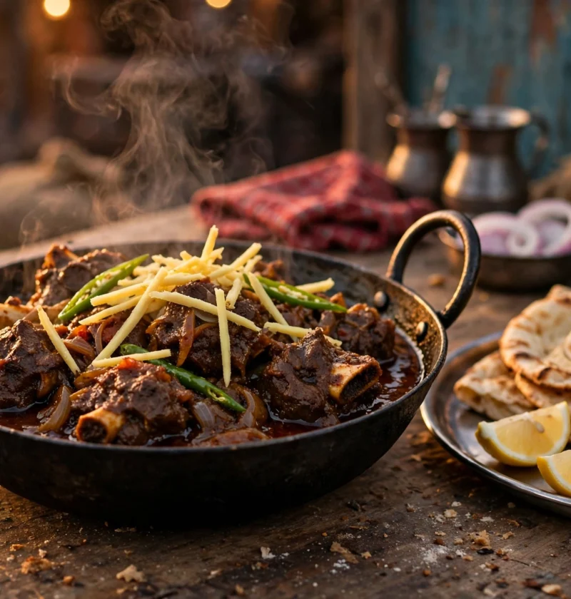 Bhuna gosht recipe – dark glossy mutton pieces coated in reduced masala in a black karahi, with ginger and green chilies