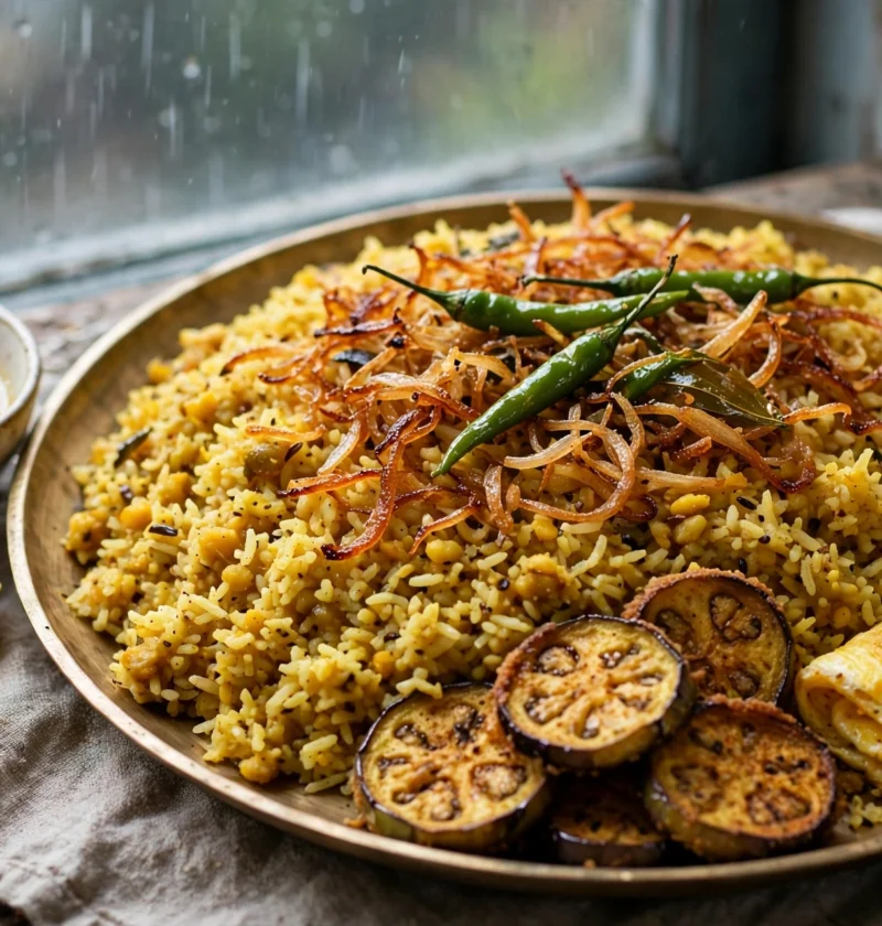 Bhuna Khichuri – golden rice and moong dal with fried onions