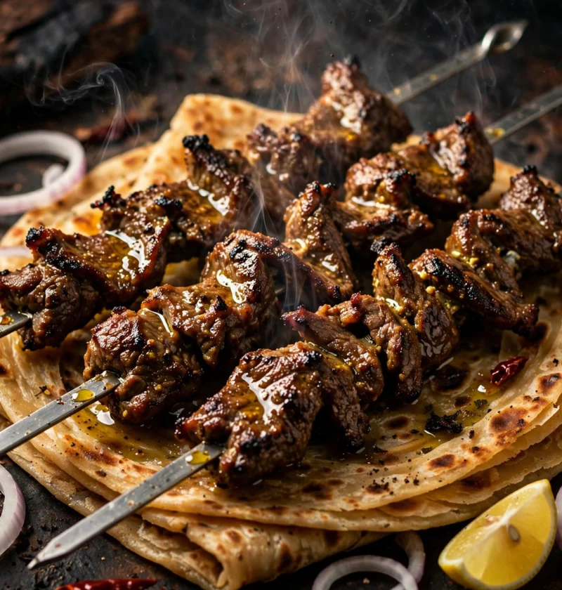 Bihari kabab – smoky charred beef strips on skewers