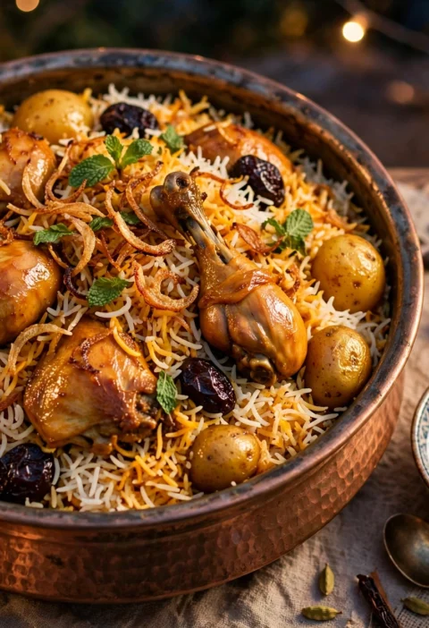 Bombay Biryani – layered chicken biryani with potatoes.