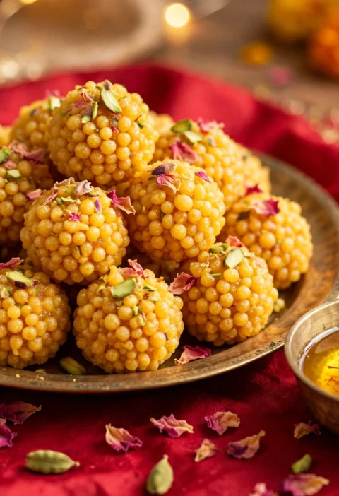 Boondi laddu recipe – golden syrupy laddus with pistachios and saffron syrup