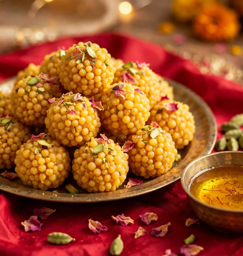 Boondi laddu recipe – golden syrupy laddus with pistachios and saffron syrup