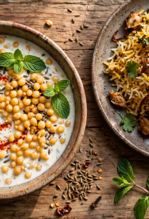 Boondi raita recipe – creamy boondi raita with golden boondi pearls, mint and roasted cumin beside biryani