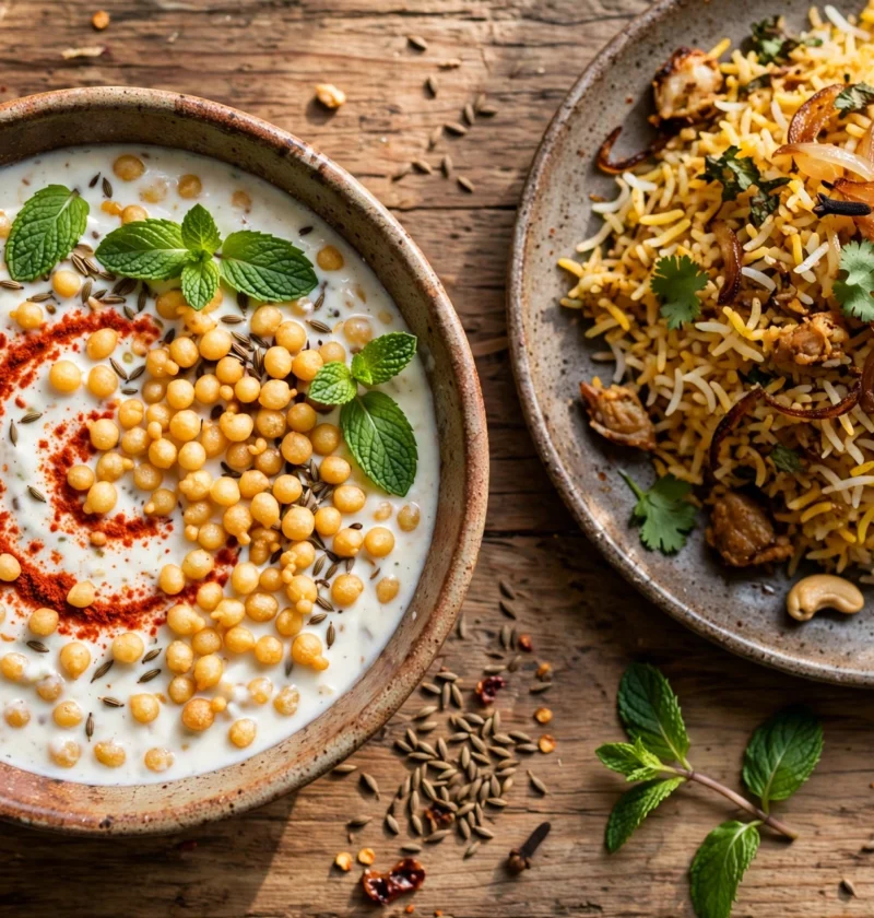 Boondi raita recipe – creamy boondi raita with golden boondi pearls, mint and roasted cumin beside biryani