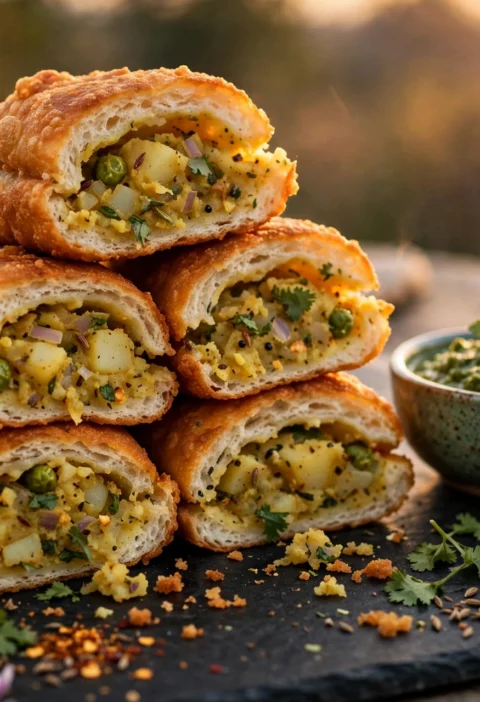 Bread roll recipe – golden fried bread rolls cut open with spiced potato filling, mint chutney and ketchup