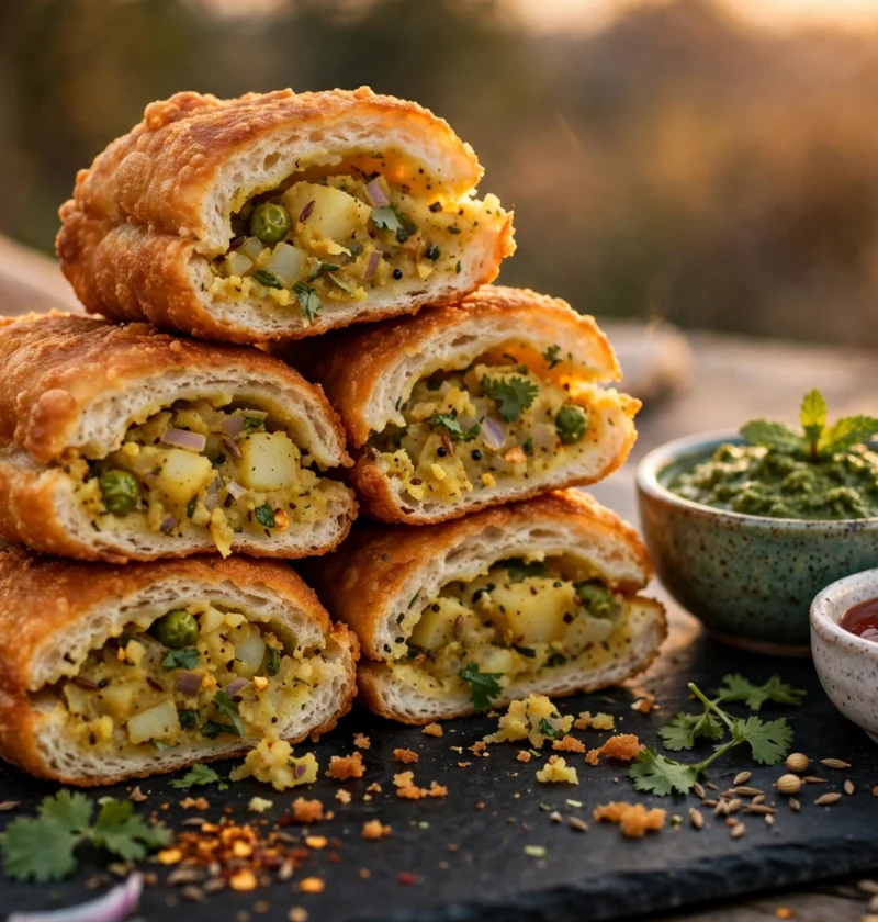 Bread roll recipe – golden fried bread rolls cut open with spiced potato filling, mint chutney and ketchup