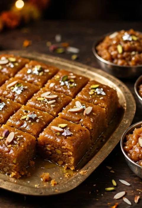Chana dal halwa recipe – deep golden chana dal halwa cut into diamonds with almonds, pistachios and silver leaf on a brass tray