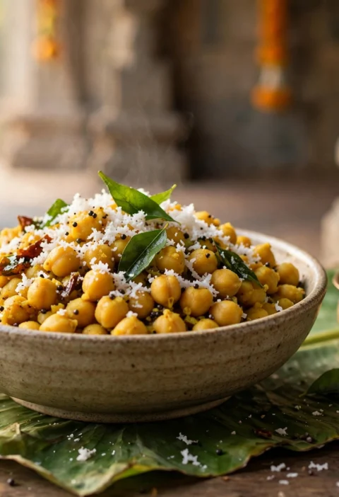 Chana sundal recipe – warm chickpeas tossed with grated coconut, mustard tempering and curry leaves on a banana leaf