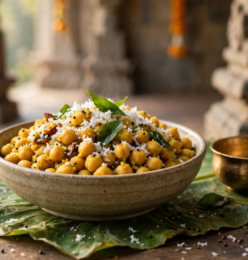 Chana sundal recipe – warm chickpeas tossed with grated coconut, mustard tempering and curry leaves on a banana leaf