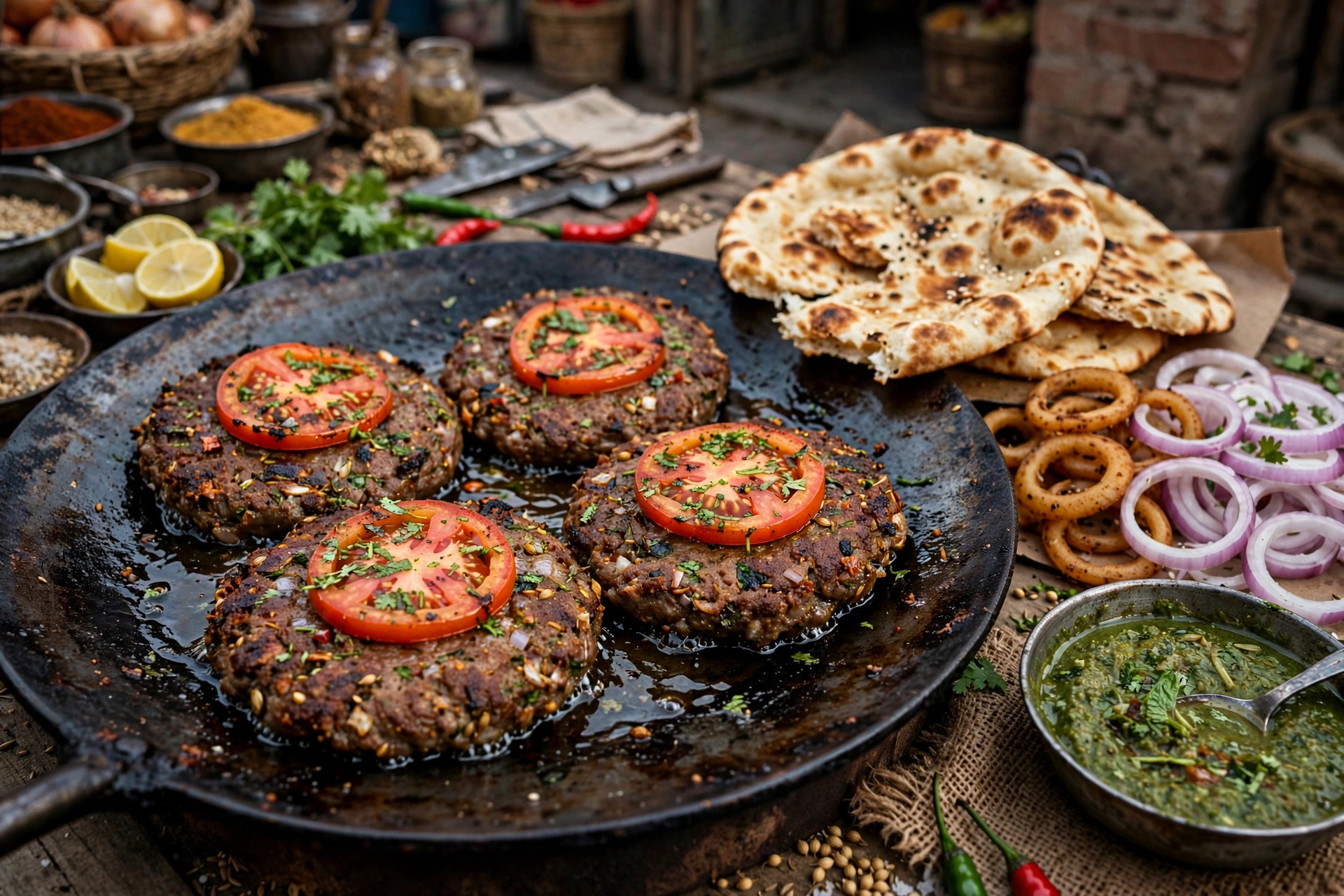 Chapli kabab recipe — crispy Peshawari chapli kababs on a tawa with tomato crowns, naan and green chutney