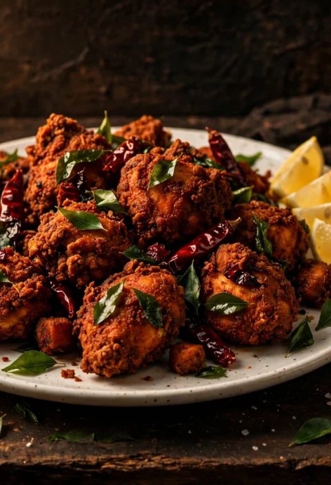 Chicken 65 – fiery red crispy fried chicken with curry leaves