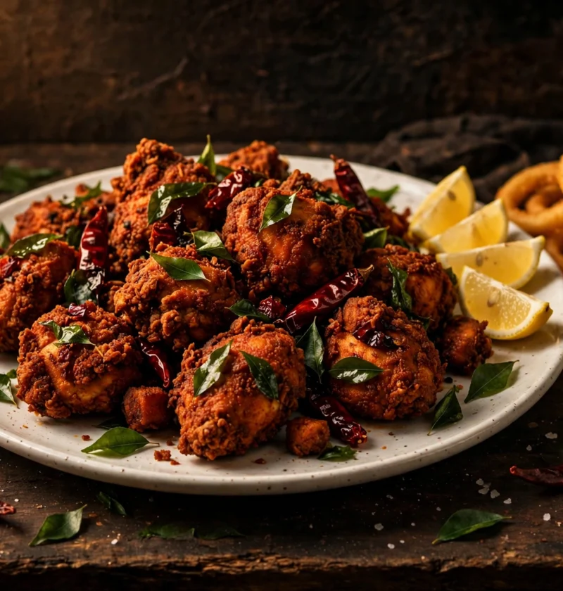 Chicken 65 – fiery red crispy fried chicken with curry leaves
