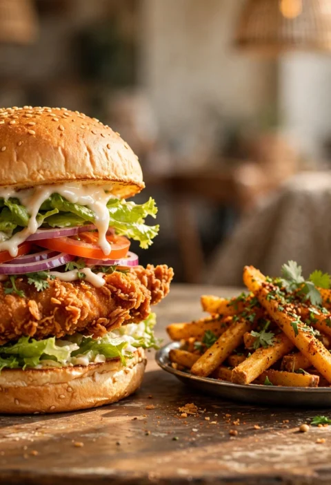 Chicken Burger – crispy café-style patty in a toasted bun