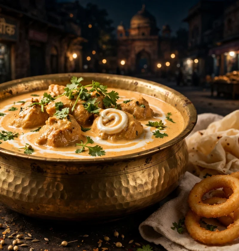 Chicken changezi – creamy Mughlai gravy in brass handi