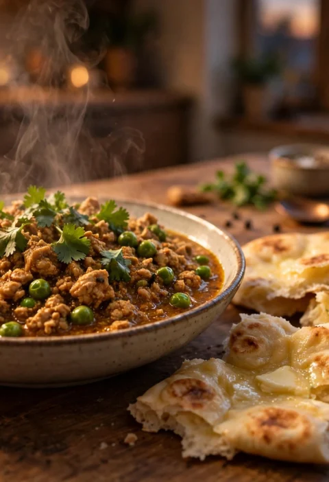 Chicken keema recipe – minced chicken keema with peas and coriander, served with naan