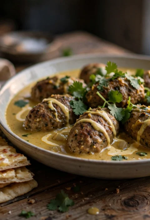 Chicken kofta recipe – chicken kofta meatballs in a light golden curry with naan