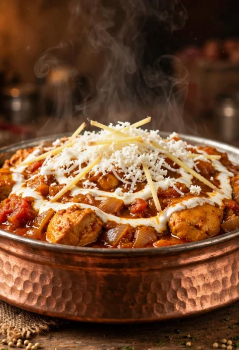 Chicken lababdar recipe – chicken in a chunky orange-red masala with a cream swirl, grated paneer and ginger, with butter naan