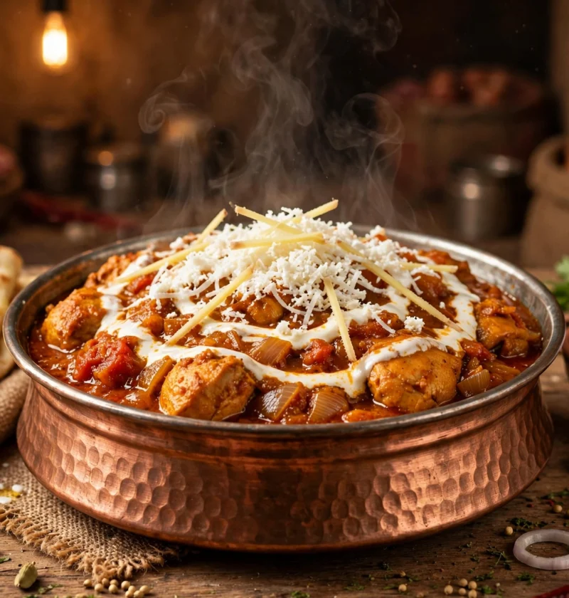 Chicken lababdar recipe – chicken in a chunky orange-red masala with a cream swirl, grated paneer and ginger, with butter naan