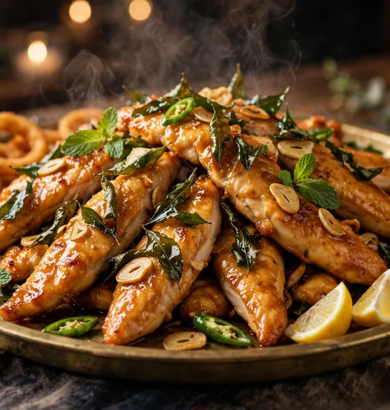 Chicken majestic recipe – golden chicken strips with curry leaves, garlic, mint and a tangy glaze on a brass platter