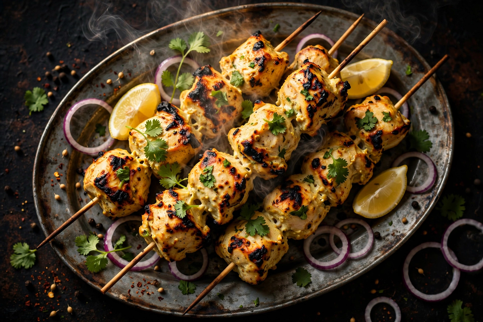 Chicken malai boti – creamy charred grilled chicken cubes with lemon and onions