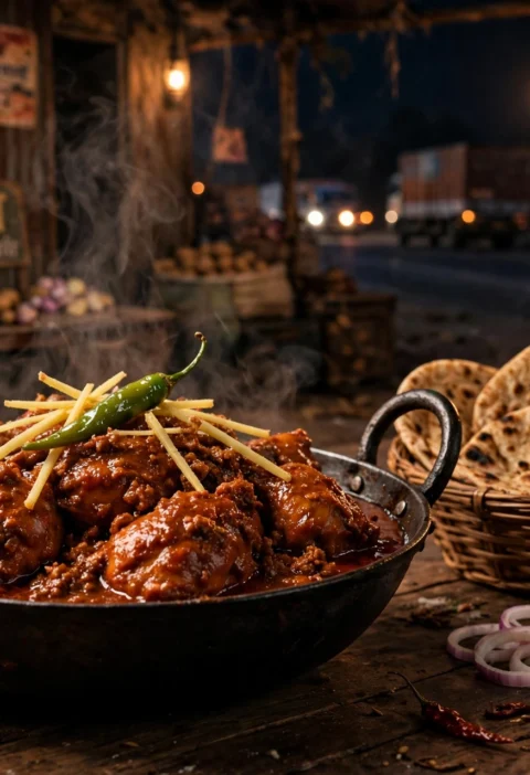 Chicken rara recipe – chicken pieces in a thick mince-flecked gravy in a black karahi with ginger juliennes and tandoori rotis beside
