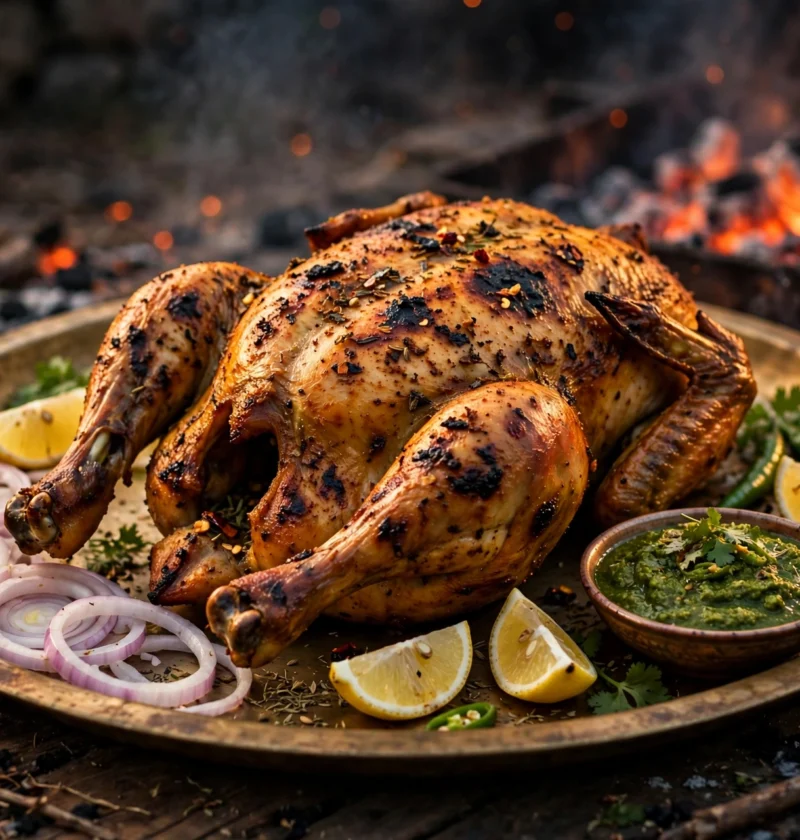 Chicken sajji – whole smoky roasted chicken with onions and lemon
