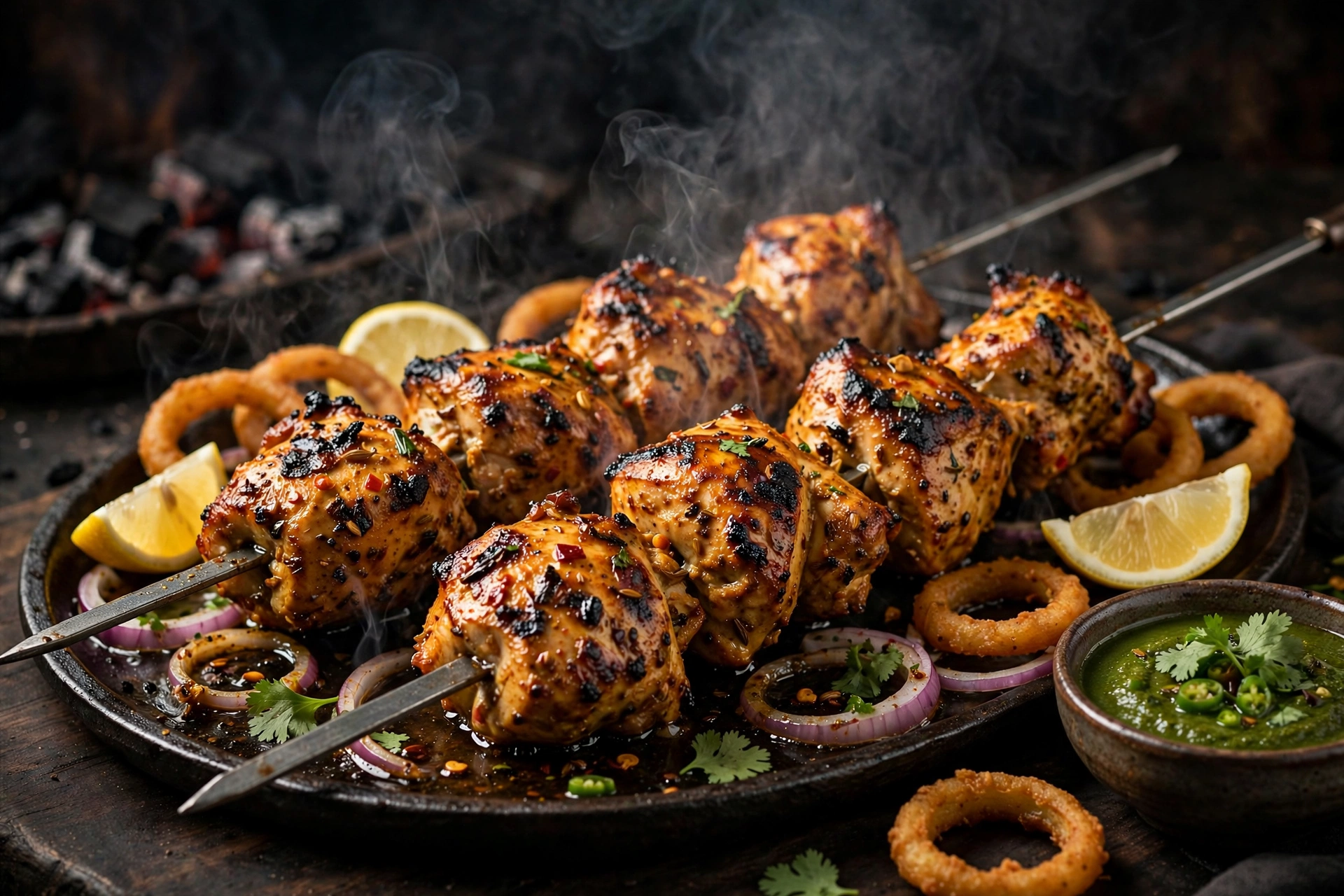 Chicken tikka recipe - smoky charred chicken tikka skewers with lemon wedges and onion rings