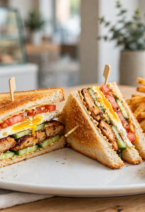 Chicken Club Sandwich – triple-decker with grilled chicken and egg