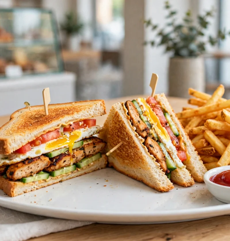 Chicken Club Sandwich – triple-decker with grilled chicken and egg