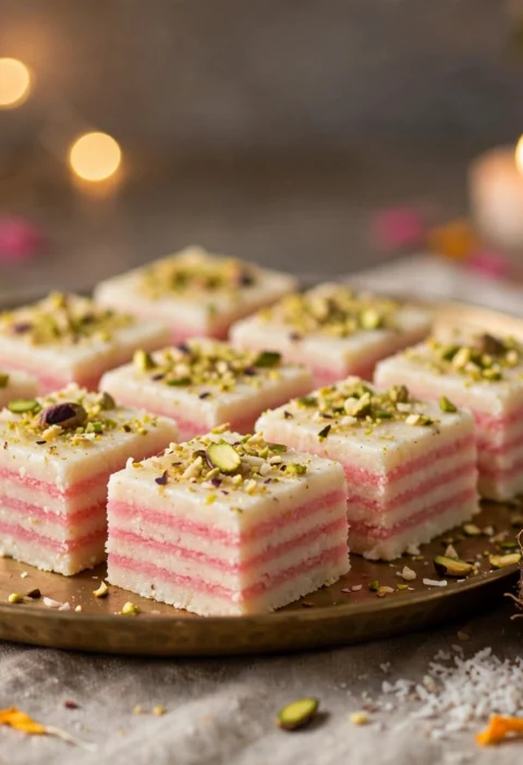 Coconut barfi – pink and white fudgy squares with pistachios
