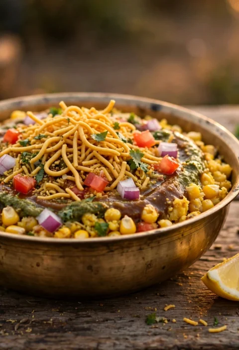Corn chaat recipe – brass bowl of corn chaat with chutneys, tomato, onion and sev