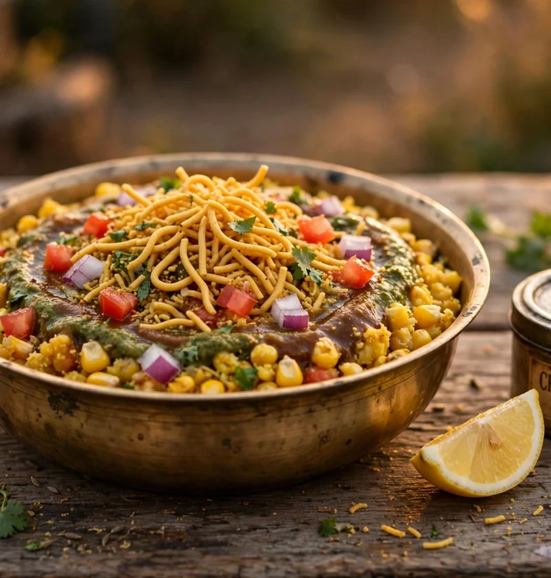Corn chaat recipe – brass bowl of corn chaat with chutneys, tomato, onion and sev