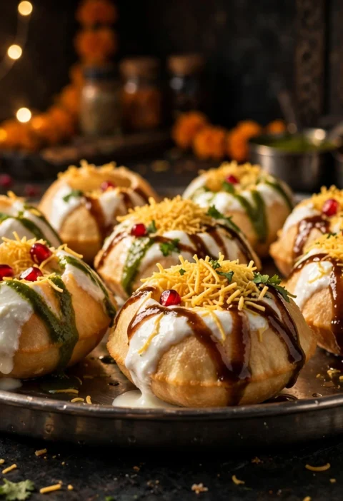Dahi puri – crisp puris filled with yogurt and chutneys