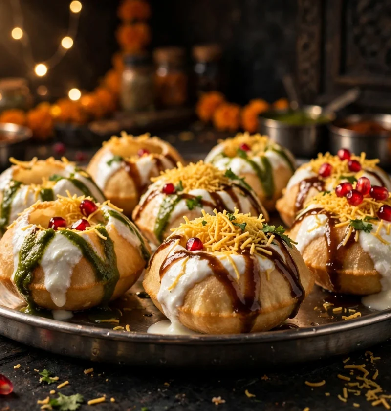 Dahi puri – crisp puris filled with yogurt and chutneys