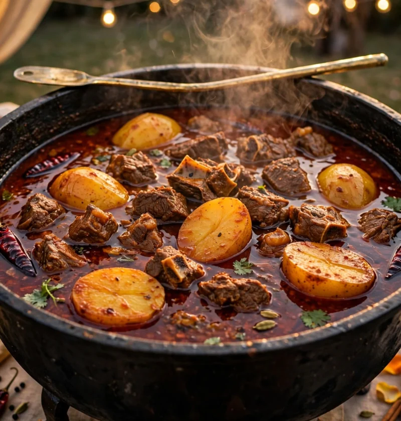 Deggi Aloo Gosht – deep red wedding-pot shorba