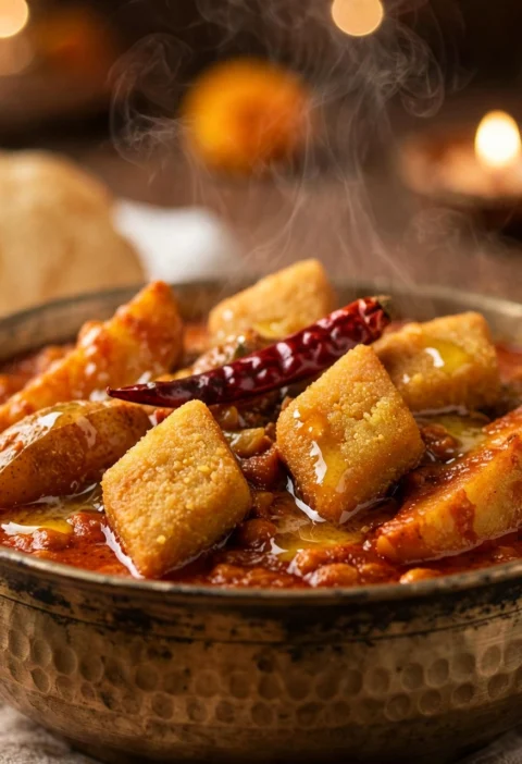Dhokar Dalna – chana dal cakes in gingery tomato gravy