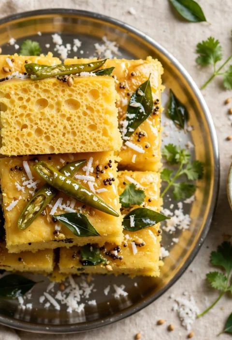 Dhokla – spongy steamed khaman squares with mustard tempering.