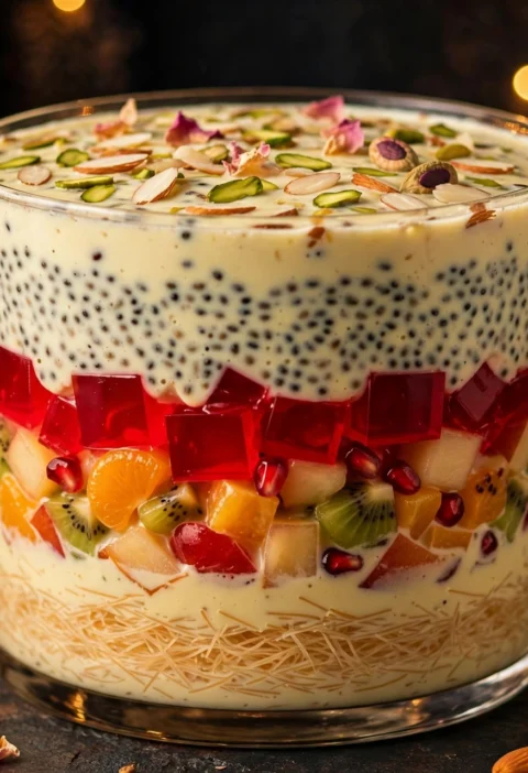 Doodh dulari – layered fruity milk dessert in glass bowl