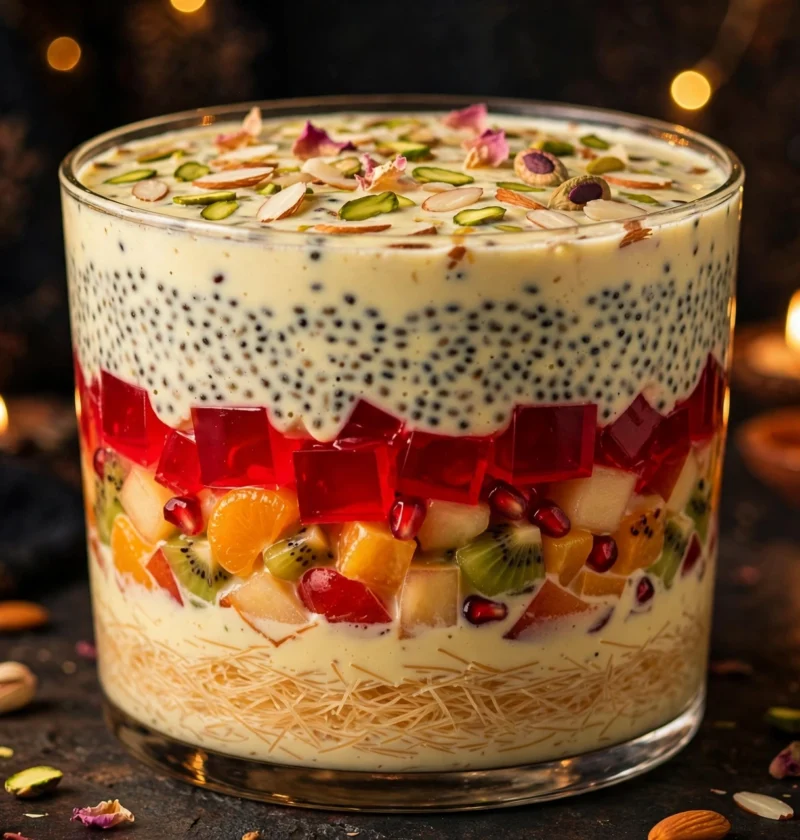 Doodh dulari – layered fruity milk dessert in glass bowl
