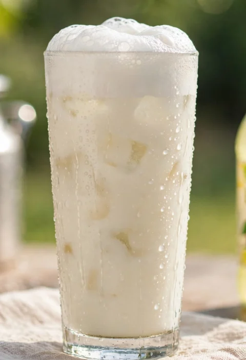 Doodh soda – fizzy milk soda with foam in tall glass