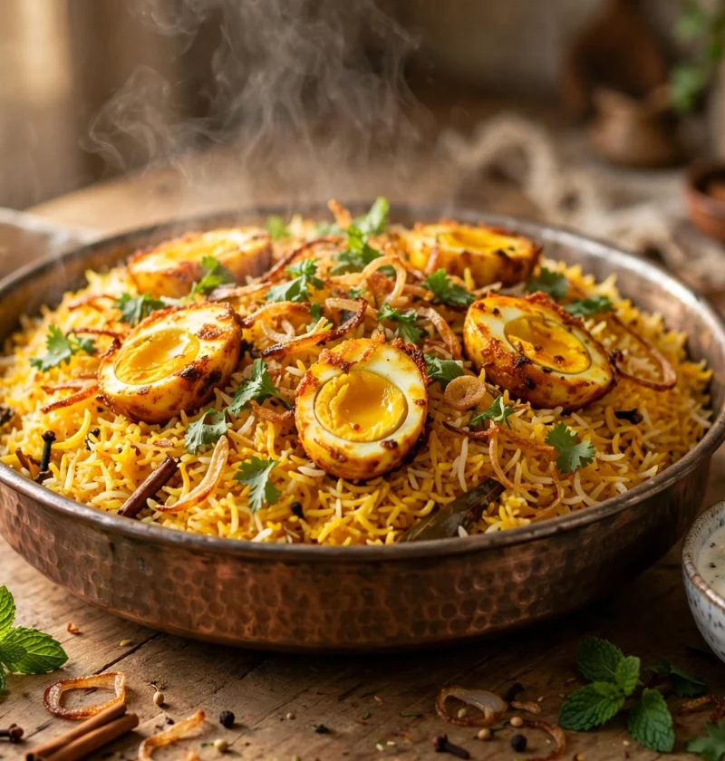 Egg Biryani – masala-fried eggs over saffron rice