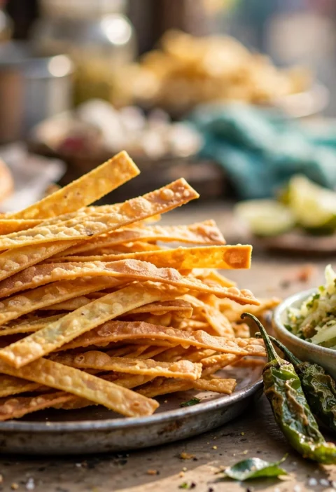 Fafda – crisp besan strips with papaya sambharo