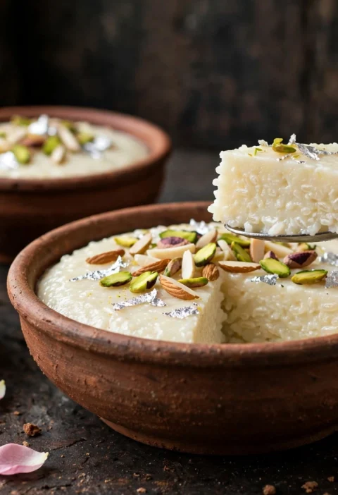 Firni – silky rice pudding set in clay bowls with pistachios