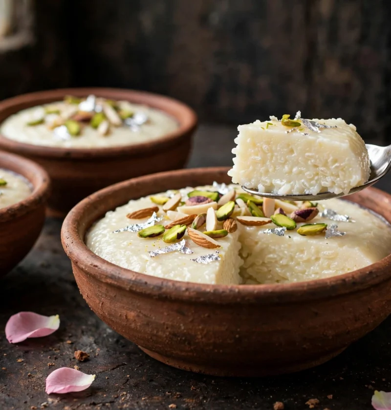 Firni – silky rice pudding set in clay bowls with pistachios