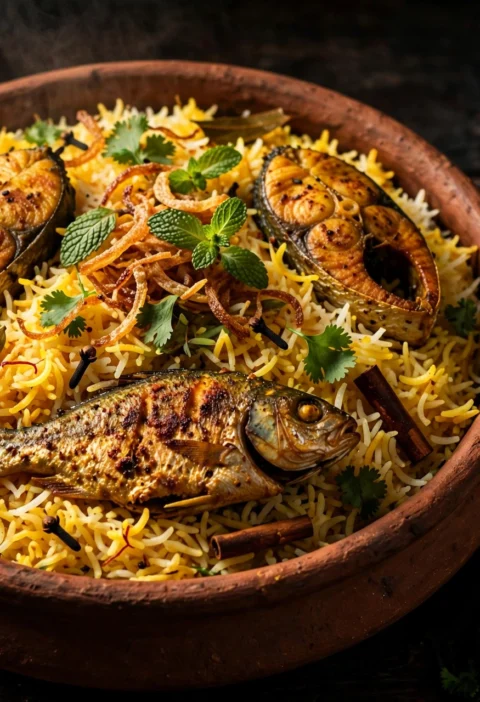 Fish biryani – layered saffron rice with whole fish pieces
