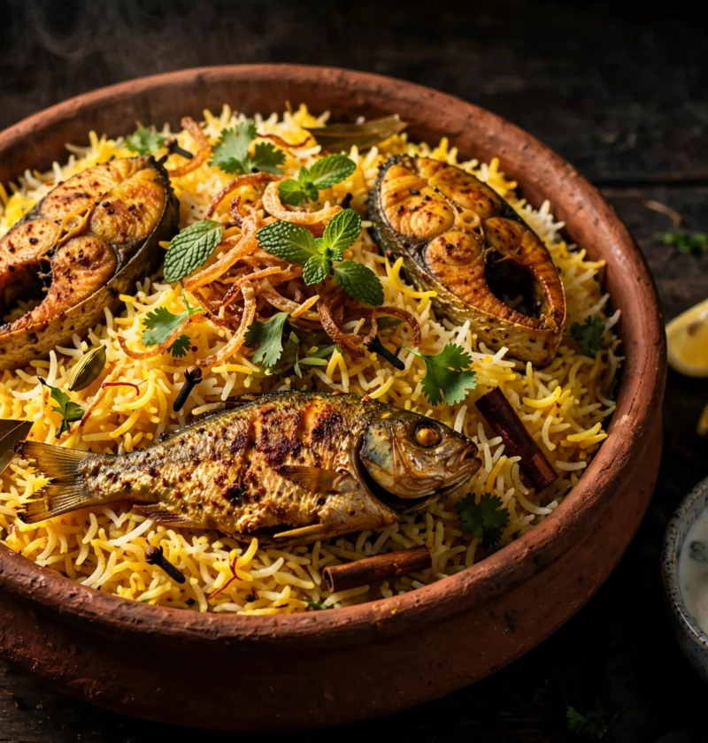 Fish biryani – layered saffron rice with whole fish pieces