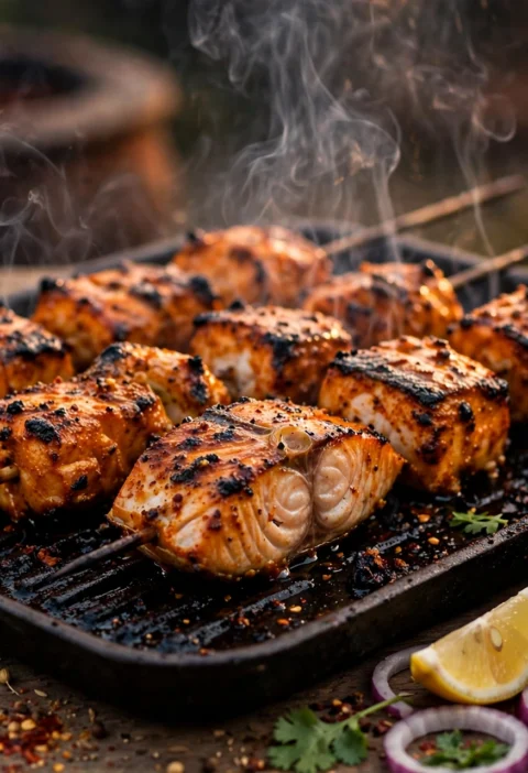 Fish Tikka – charred tandoori fish skewers with lemon