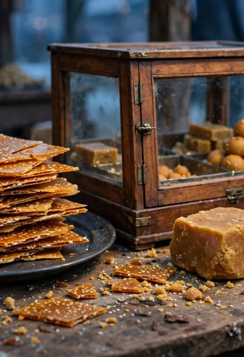 Gajak recipe – thin amber sesame gajak shards stacked on a steel plate with a block of jaggery and sesame seeds beside