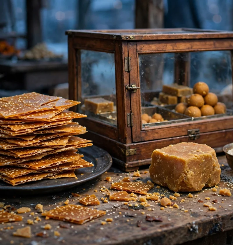 Gajak recipe – thin amber sesame gajak shards stacked on a steel plate with a block of jaggery and sesame seeds beside